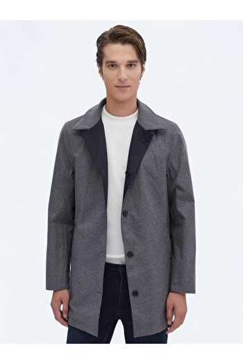 Kip Navy Blue Regular Fit Stand Collar Casual Woven Overcoat