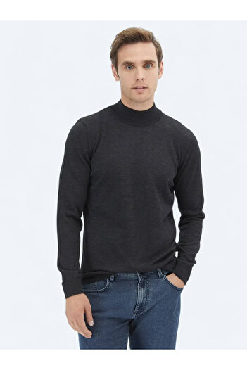 Kip Anthracite Half Turtleneck Plain Knit Wool Blended Sweater