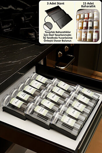 color house 15 Pieces 280 ml - Clear Lid Glass Spice Organizer Stand with Stop Z310 (Black)