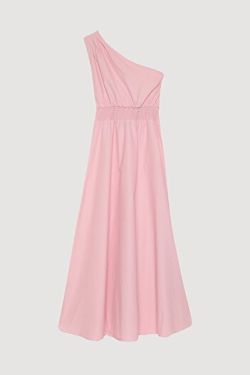 Quzu Çizgili Beli Lastikli Tek Omuz Midi Elbise Pembe