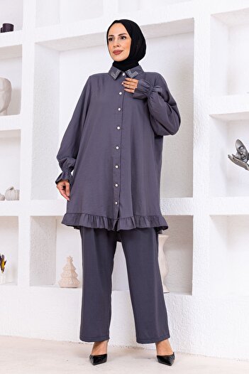 OKTAYUSTA COLLECTİON Stone Detailed Buttoned Cotton Double Suit Gray