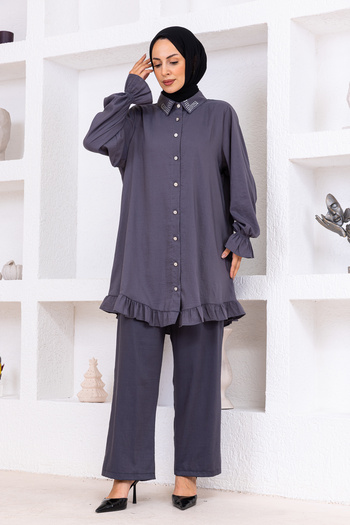OKTAYUSTA COLLECTİON Stone Detailed Buttoned Cotton Double Suit Gray