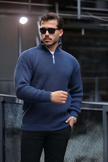 Valiberta Nolan Oversize Thessaloniki Knit Half-Zip Men's Knitwear Sweater - Indigo