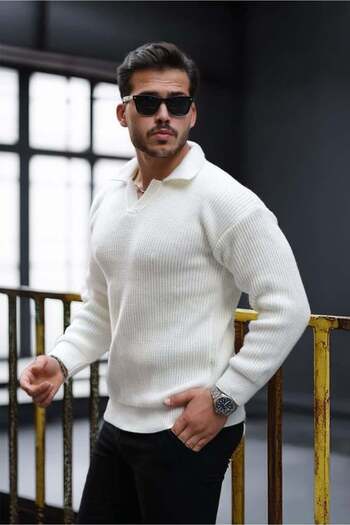 Valiberta Joris Oversize Shirt Polo Neck Thessaloniki Knitted Men's Sweater - Ecru