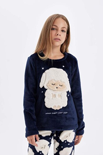 DeFacto Kız Çocuk Pijama Takım Pelüş Uzun Kollu Üst Beli Lastikli Uzun Alt D1083A824WN