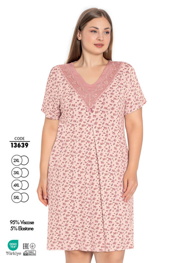 Cotpark Women's Large Size Viscose Fabric Lace Detailed Short Sleeve Patterned Nightgown 13639