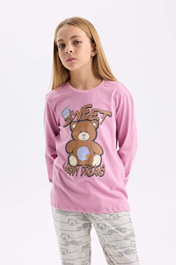 DeFacto Kız Çocuk Pijama Takım Ayıcık Baskılı Uzun Kollu Üst Beli Lastikli Desenli Uzun Alt D2108A824AU
