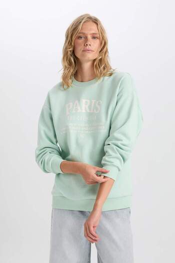 DeFacto Oversize Wide Fit Crew Neck Παχύ φούτερ με στάμπα D9804AX24WN