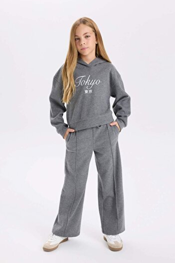 DeFacto Kız Çocuk Antrasit Wide Leg Geniş Bol Paça Beli Lastikli Cepli Eşofman Altı D4640A824WN