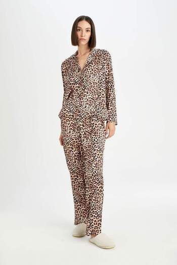 DeFacto Pajama Set Satin Leopard Print Long Sleeve Top Elastic Waist Bottom-Fall in Love E0150Ax24Au