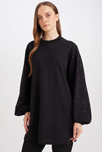 DeFacto Regular Fit Crew Neck Balloon Sleeve Rhinestone Long Sleeve Sweatshirt Tunic D4803Ax24Au