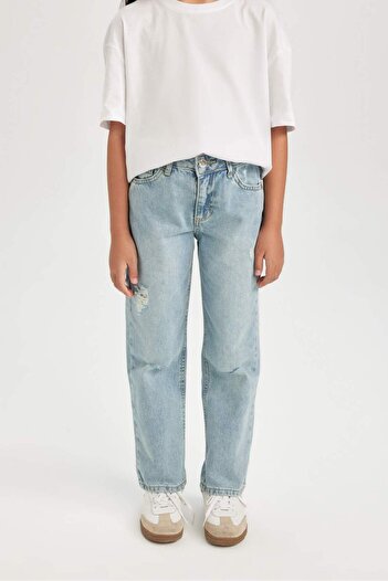 DeFacto Kız Çocuk Straight Fit Yırtık Detaylı Düz Paça Cepli Jean Pantolon D3370A824WN
