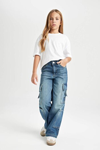DeFacto Girls Wide Leg Cargo Pocket Wide Loose Leg Jean Pants D7176A824Wn