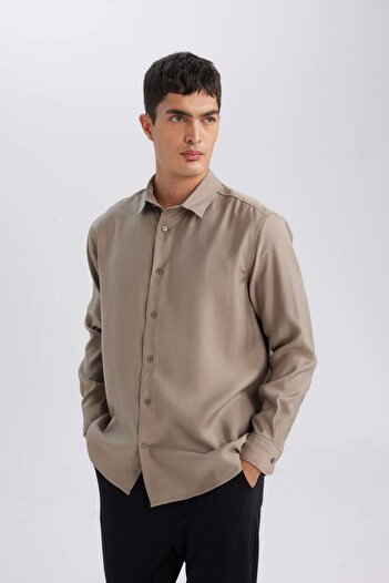 DeFacto Relax Fit Polo Yaka Twill Modal Karışımlı Basic Düz Uzun Kollu Gömlek D3376AX24AU
