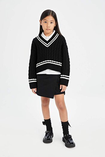 DeFacto Girl's V-Neck Hair Braided Knitwear Sweater D8557A8Ns