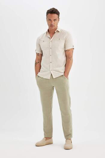 DeFacto Slim Fit Slim Fit Polo Neck Linen Look Short Sleeve Shirt 24Y 801007250