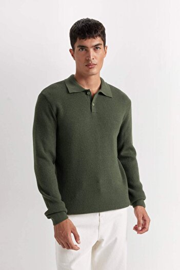 DeFacto Haki Standart Fit Normal Kesim Polo Yaka Triko Kazak D3589AX24WN