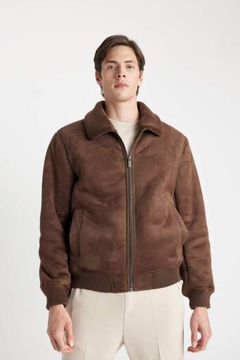 DeFacto Faux Fur Suede Lined Slim Fit Shirt Collar Coat with Pockets - A3869Ax24Wn