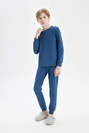 DeFacto Boy's Pajamas Set Waffle Long Sleeve Top Long Bottom D5343A824Wn