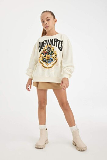 DeFacto Момиче Екрю Harry Potter Oversize суичър с широка шарка и деколте D3861a824au