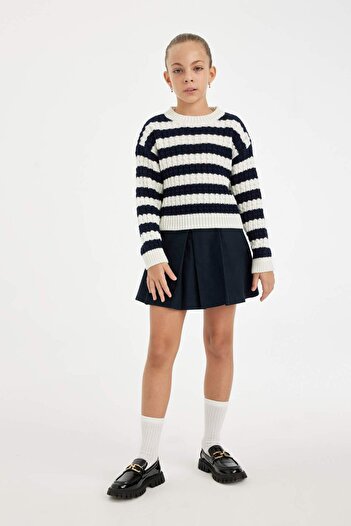 DeFacto Girl's Navy Blue Striped Standard Fit Crew Neck Knitwear Sweater C6972A824Au