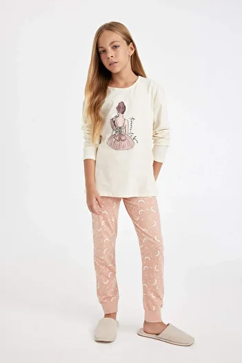 DeFacto Girl's Pajama Set Ballerina Girl Printed Long Sleeve Top Long Bottom 3163681