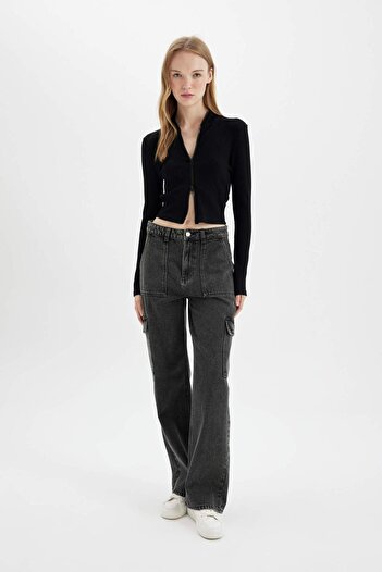DeFacto Fitted Stand Collar Basic Plain Zippered Ribbed Camisole Crop Black Cardigan D5124Ax24Au