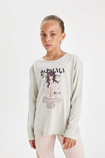 DeFacto Kız Çocuk Pijama Takım Baskılı Uzun Kollu Üst Beli Lastikli Uzun Alt D6652A824AU