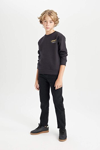 DeFacto Boy's Printed Crew Neck Printed Thick Black Sweatshirt D3091A824Au