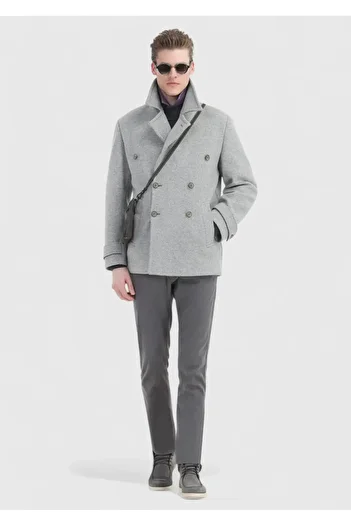 Ramsey Gray Slim Fit Double Breasted Collar Casual Knitted Coat