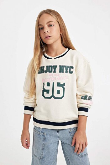 DeFacto Girl's Relax Fit V-Neck Text Printed School Sweatshirt 3156946