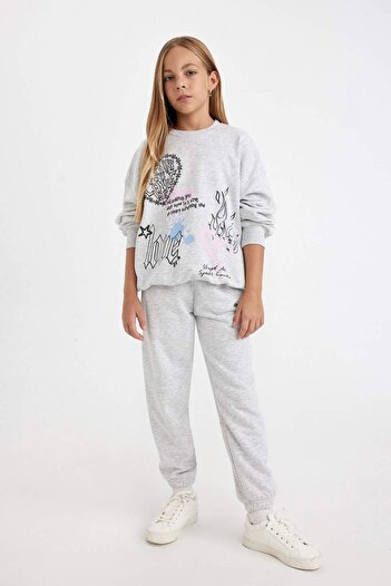 DeFacto Girl's Gray Oversize Wide Fit Crew Neck Back Printed Sweatshirt D0613A824Au