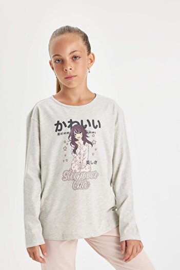 DeFacto Kız Çocuk Pijama Takım Baskılı Uzun Kollu Üst Beli Lastikli Uzun Alt D6652A824AU