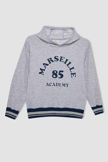 DeFacto Graues, mit Text bedrucktes, dickes Kapuzen-Sweatshirt für Jungen C9788a824au