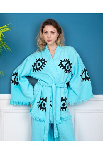 LaraLisa Collection Eye Figure Pattern Printed Short Muslin Kaftan Kimono Peshtemal Bottom Top Set