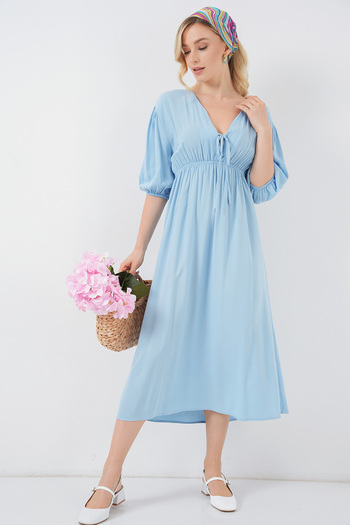 Bigdart 2570 Women's Gathered Waist V-Neck Dress - Blue