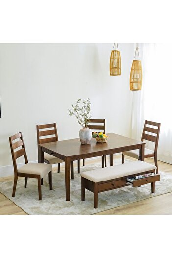 Danube Home Tovia 1+4+Bench Solid Wood Dining Set with Storage - Walnut/Beige