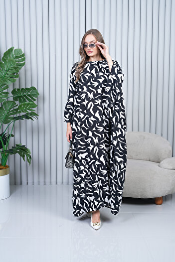 EL jadida Women's Patterned Plus Size Viscose Dress Black-White 4029