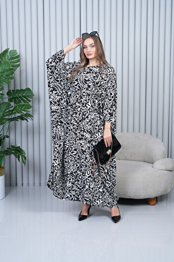 EL jadida Women's Patterned Plus Size Viscose Dress Black-White 4031