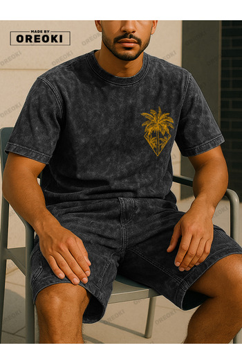 EFFRENATU Orki Tropical Diamond Men's Summer Shorts Set – Palm Printed Tie Dye T-Shirt & Black Shorts