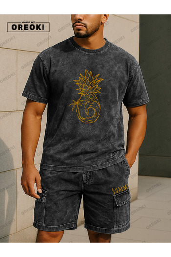 EFFRENATU Orki Deluxe Edition Summer Pineapple Men's Summer Shorts Set – Printed Tie-Dye T-Shirt & Black Shorts