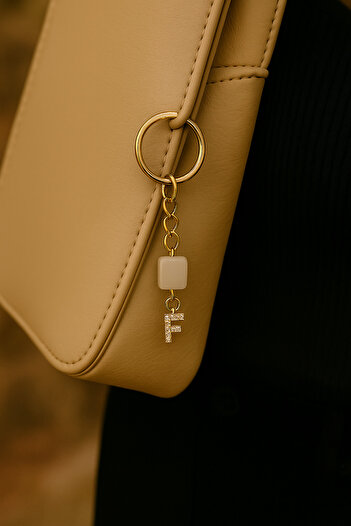 Han Ticarethane Gold Color Stone F Letter Crystal Quartz Keychain Charm