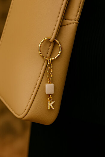 Han Ticarethane Gold Color Stone K Letter Crystal Quartz Keychain Charm