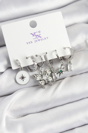 Clariss Brass Zircon Stone Butterfly and Star Model Silver Color 3-Piece Double Women's Earrings