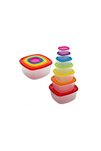 OEM Set 7 Plastic Food Containers with Lids, 14 Pieces, Colored Lids