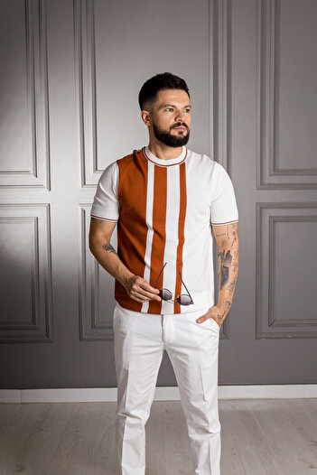 Sarar Interview 0 Collar Rayon Thin Knitwear Tile White T-Shirt