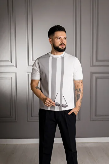 Sarar Interview 0 Collar Rayon Thin Knitwear Gray White T-Shirt