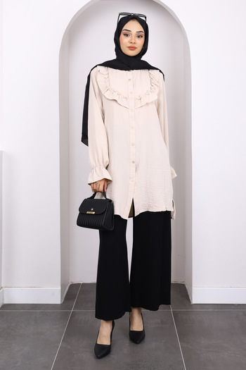İmajButik Beige Ruffled Front Ayrobin Tunic