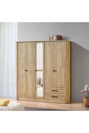 Danube Home Athens 5 Door Wardrobe with Drawers & Mirror - Light Oak L194xW55xH213cm