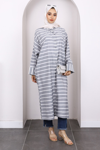 İmajButik Gray Bat Sleeve Striped Modal Tunic
